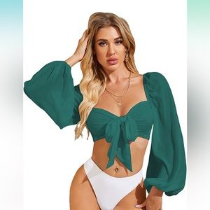 Romwe Women’s Sweetheart Neck Tie Knot Front Long Sleeve Crop Top